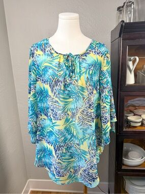 Chico’s Tropical Palm Print Blue Green Yellow Tie Neck Top Size 2 (L)